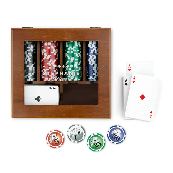 Personalized 2-Deck Wood Box for Playing Cards with 120 Piece Poker Chip Set