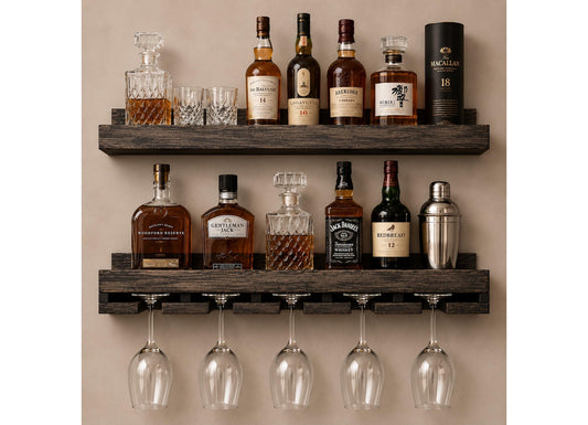 Handcrafted Wood Wine Rack | Rustic Wall Mounted Bar Shelf, Stemware Holder