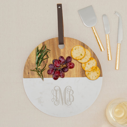 Personalized Round Marble & Wood Serving Board | Custom Serving Board | Charcuterie Board - Vispro Designs