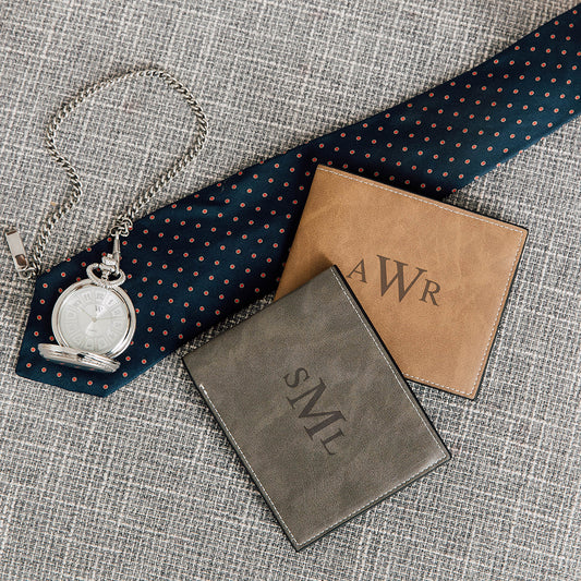 Men’s Custom Engraved Gray Faux Leather Wallet - Traditional Monogram - Vispro Designs