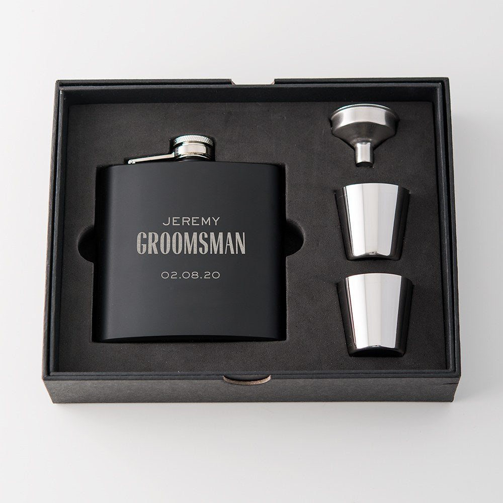 Personalized Engraved Black Hip Flask Wedding Gift - Groomsman Modern Font - Vispro Designs
