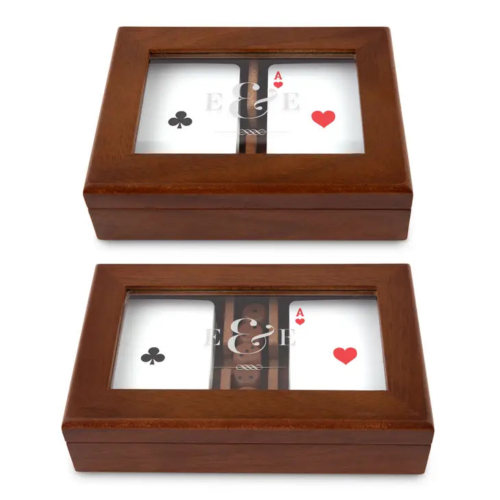 Personalized 2-Deck Wood Box for Playing Cards with Engraved Lid