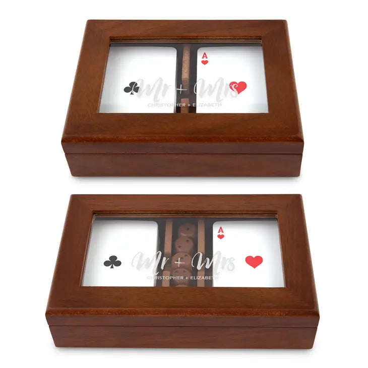 Personalized 2-Deck Wood Box for Playing Cards with Engraved Lid