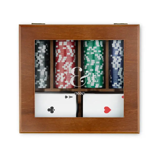 Personalized 2-Deck Wood Box for Playing Cards with 120 Piece Poker Chip Set