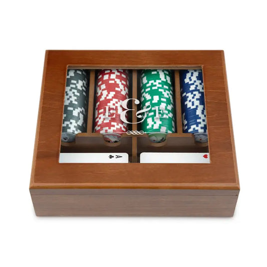 Personalized 2-Deck Wood Box for Playing Cards with 120 Piece Poker Chip Set