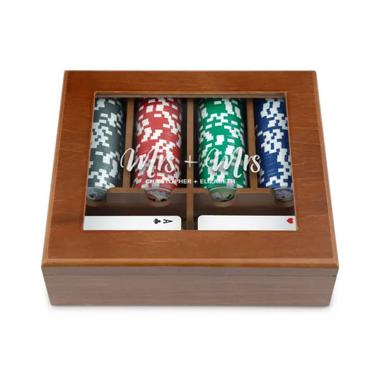 Personalized 2-Deck Wood Box for Playing Cards with 120 Piece Poker Chip Set