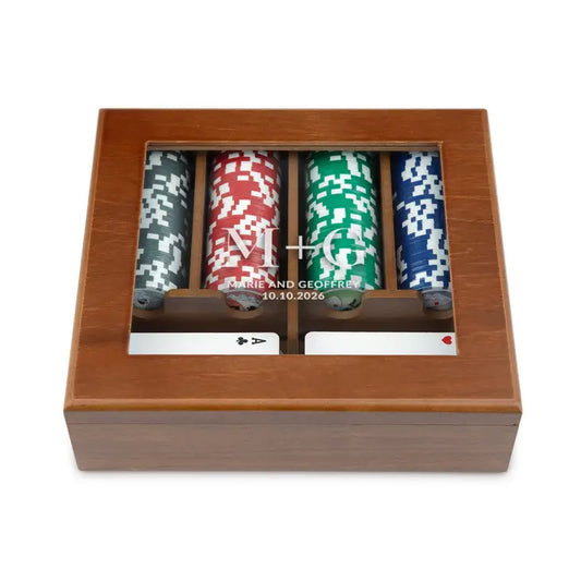 Personalized 2-Deck Wood Box for Playing Cards with 120 Piece Poker Chip Set