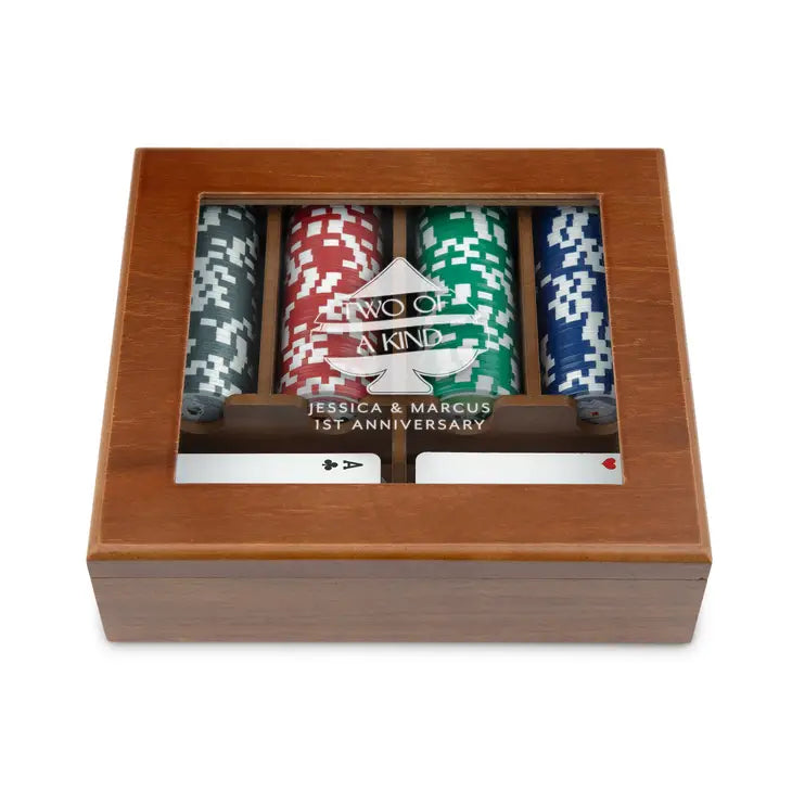 Personalized 2-Deck Wood Box for Playing Cards with 120 Piece Poker Chip Set