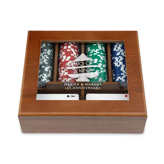 Personalized 2-Deck Wood Box for Playing Cards with 120 Piece Poker Chip Set