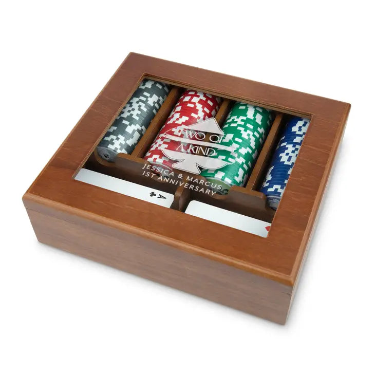 Personalized 2-Deck Wood Box for Playing Cards with 120 Piece Poker Chip Set
