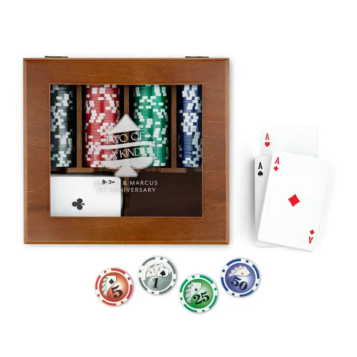 Personalized 2-Deck Wood Box for Playing Cards with 120 Piece Poker Chip Set