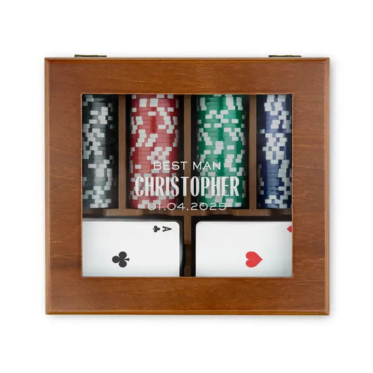 Personalized 2-Deck Wood Box for Playing Cards with 120 Piece Poker Chip Set