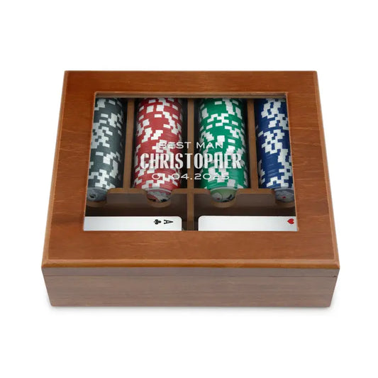 Personalized 2-Deck Wood Box for Playing Cards with 120 Piece Poker Chip Set