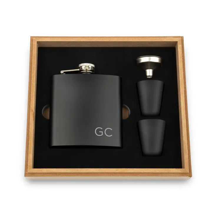 Engraved Wood Gift Box & 6 oz. Black Metal Hip Flask Set