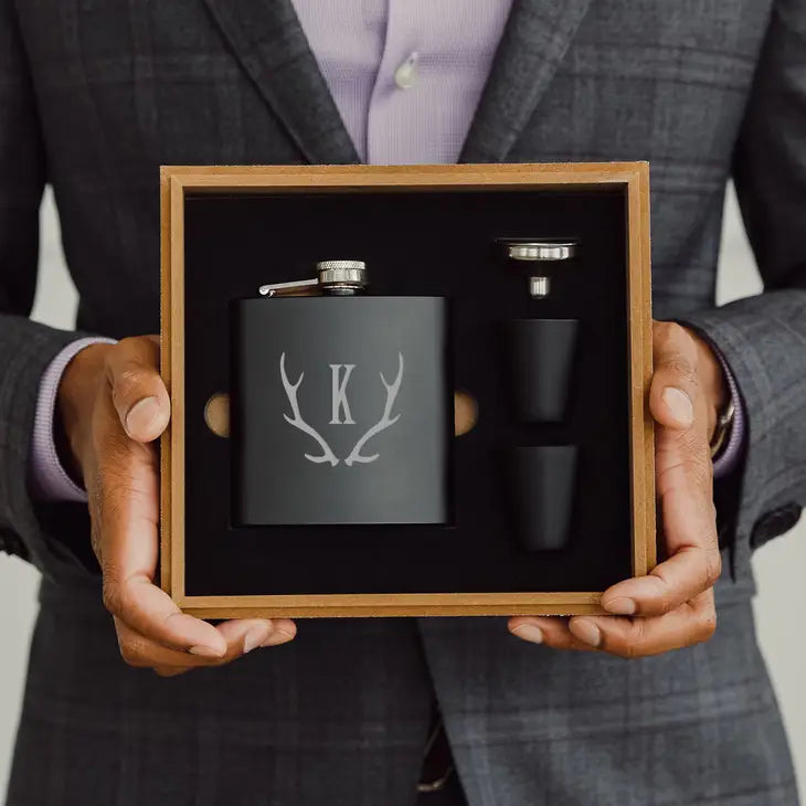 Engraved Wood Gift Box & 6 oz. Black Metal Hip Flask Set