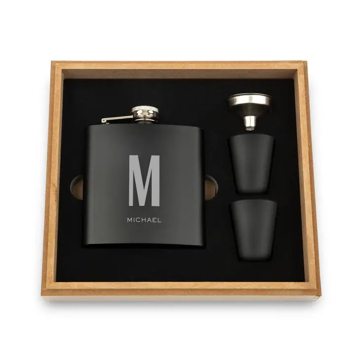 Engraved Wood Gift Box & 6 oz. Black Metal Hip Flask Set