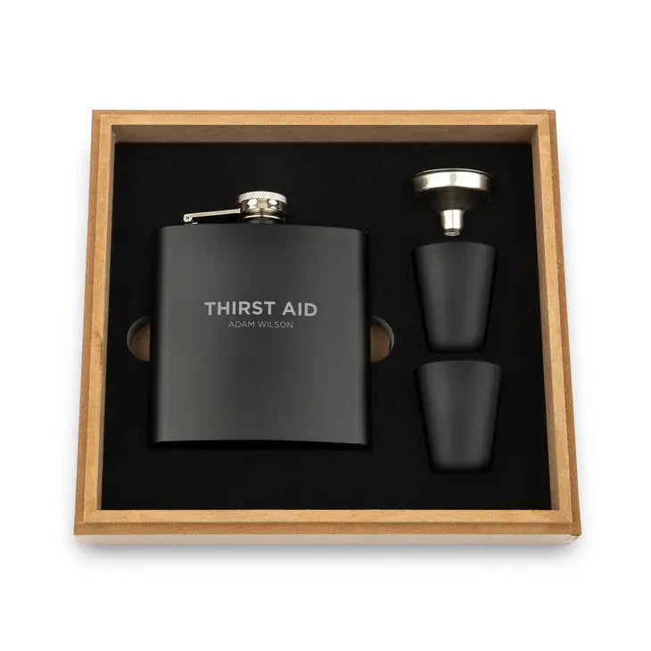 Engraved Wood Gift Box & 6 oz. Black Metal Hip Flask Set