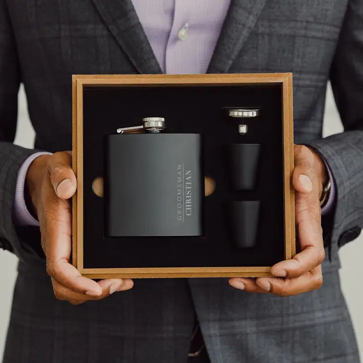 Engraved Wood Gift Box & 6 oz. Black Metal Hip Flask Set