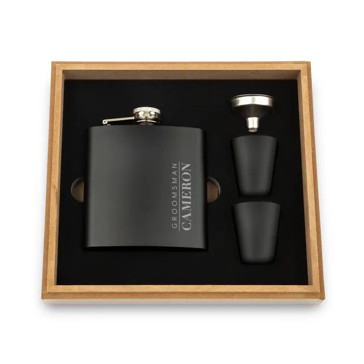 Engraved Wood Gift Box & 6 oz. Black Metal Hip Flask Set