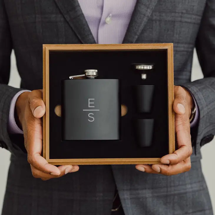 Engraved Wood Gift Box & 6 oz. Black Metal Hip Flask Set
