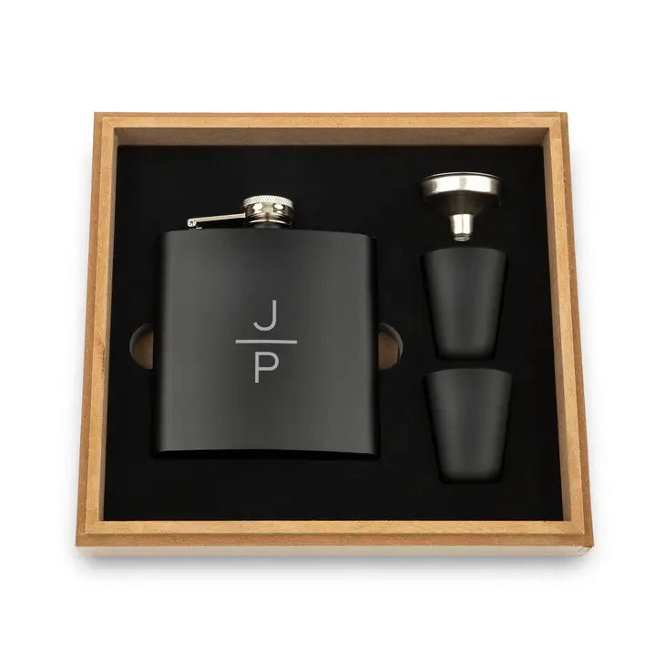 Engraved Wood Gift Box & 6 oz. Black Metal Hip Flask Set