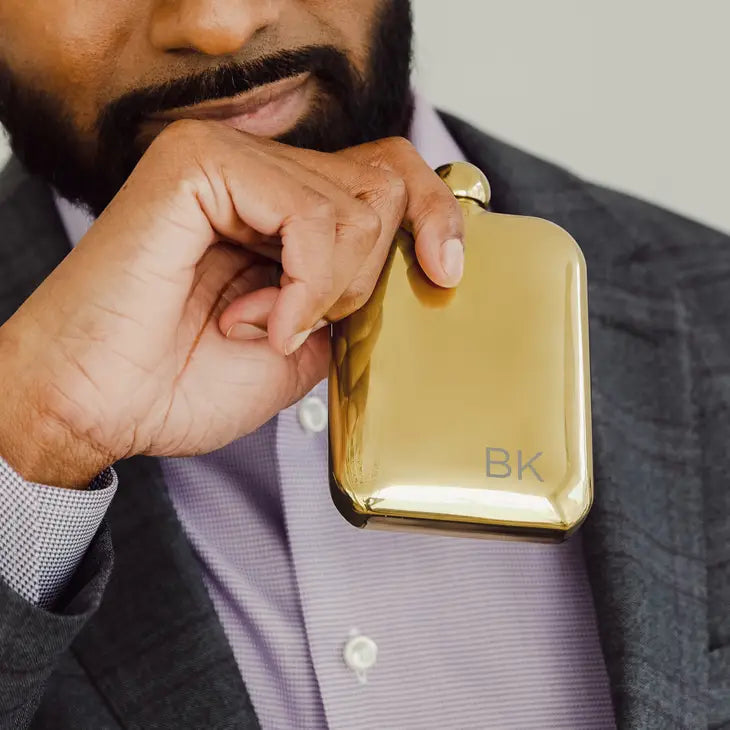 Engraved 6 oz. Gold Metal Round Edged Hip Flask Gift Box Set