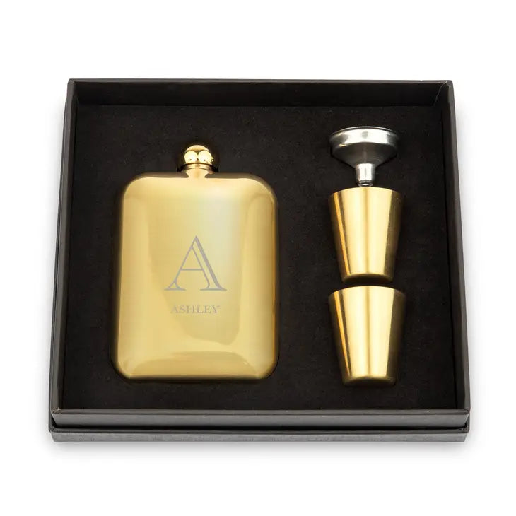 Engraved 6 oz. Gold Metal Round Edged Hip Flask Gift Box Set