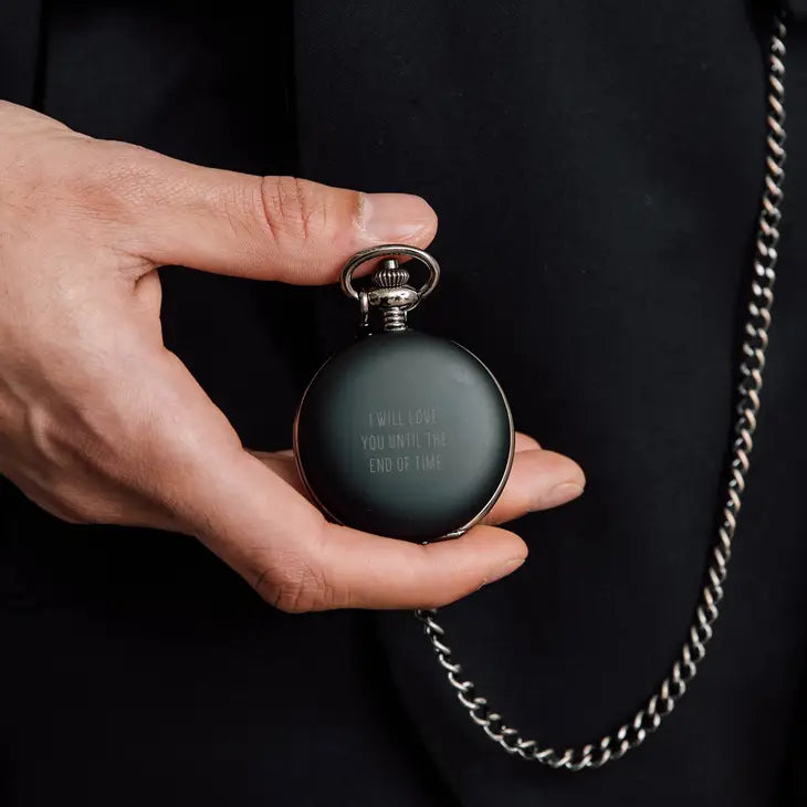 Personalized Matte Black Mechanical Pocket Watch & Fob