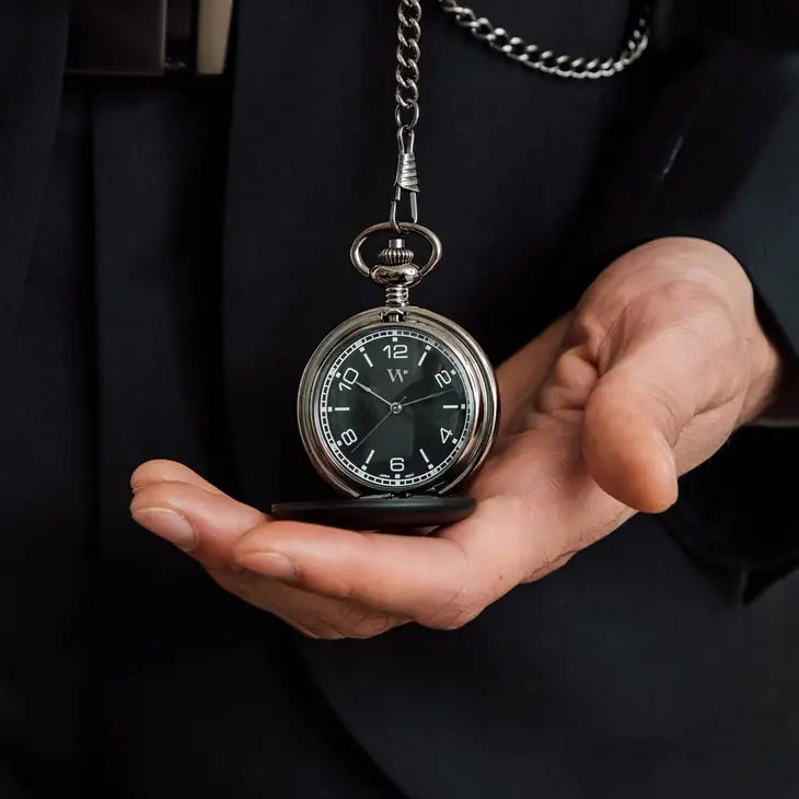 Personalized Matte Black Mechanical Pocket Watch & Fob