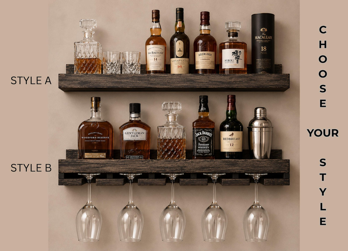 Handcrafted Wood Wine Rack | Rustic Wall Mounted Bar Shelf, Stemware Holder