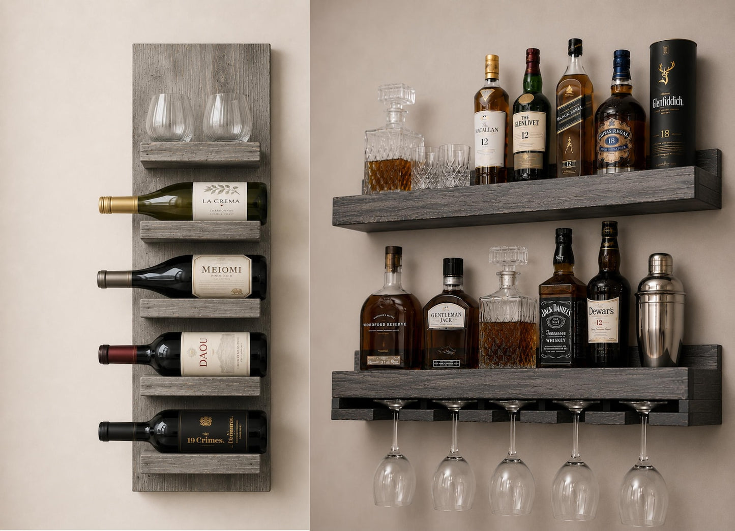 Handcrafted Wood Wine Rack | Rustic Wall Mounted Bar Shelf, Stemware Holder