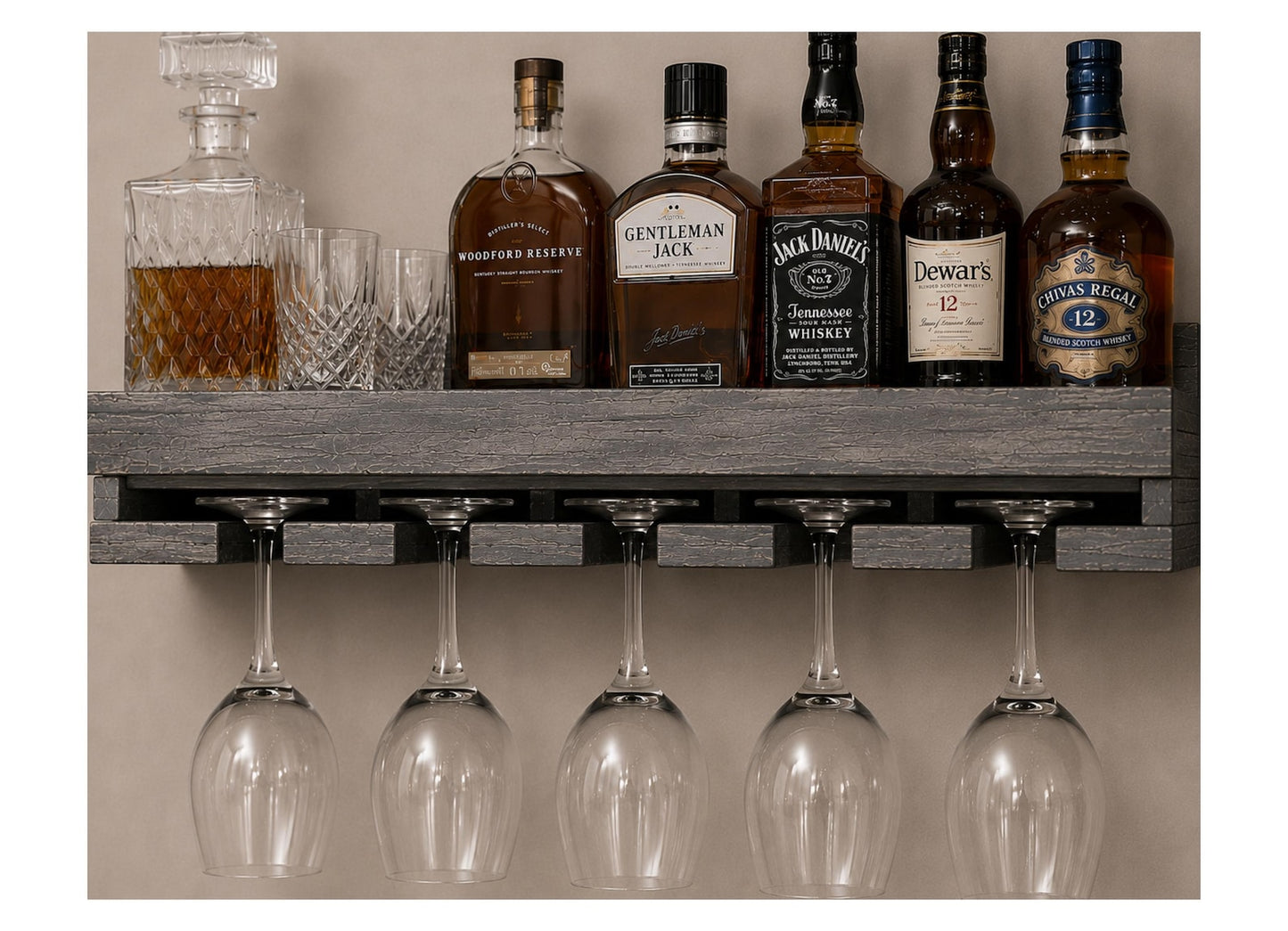 Handcrafted Wood Wine Rack | Rustic Wall Mounted Bar Shelf, Stemware Holder