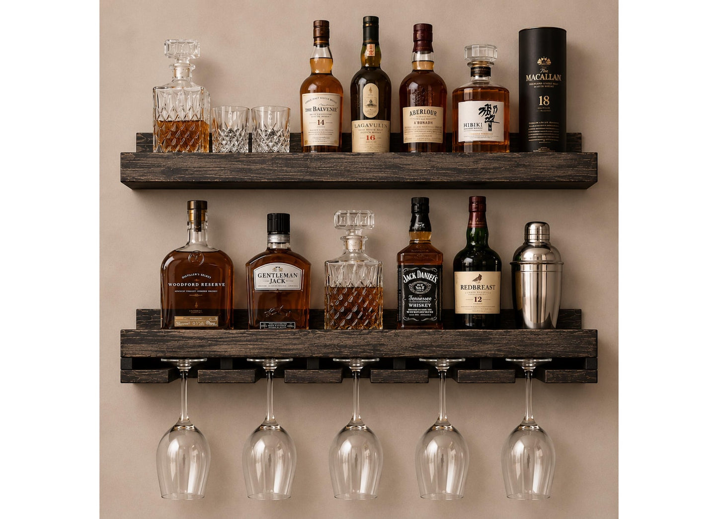Handcrafted Wood Wine Rack | Rustic Wall Mounted Bar Shelf, Stemware Holder