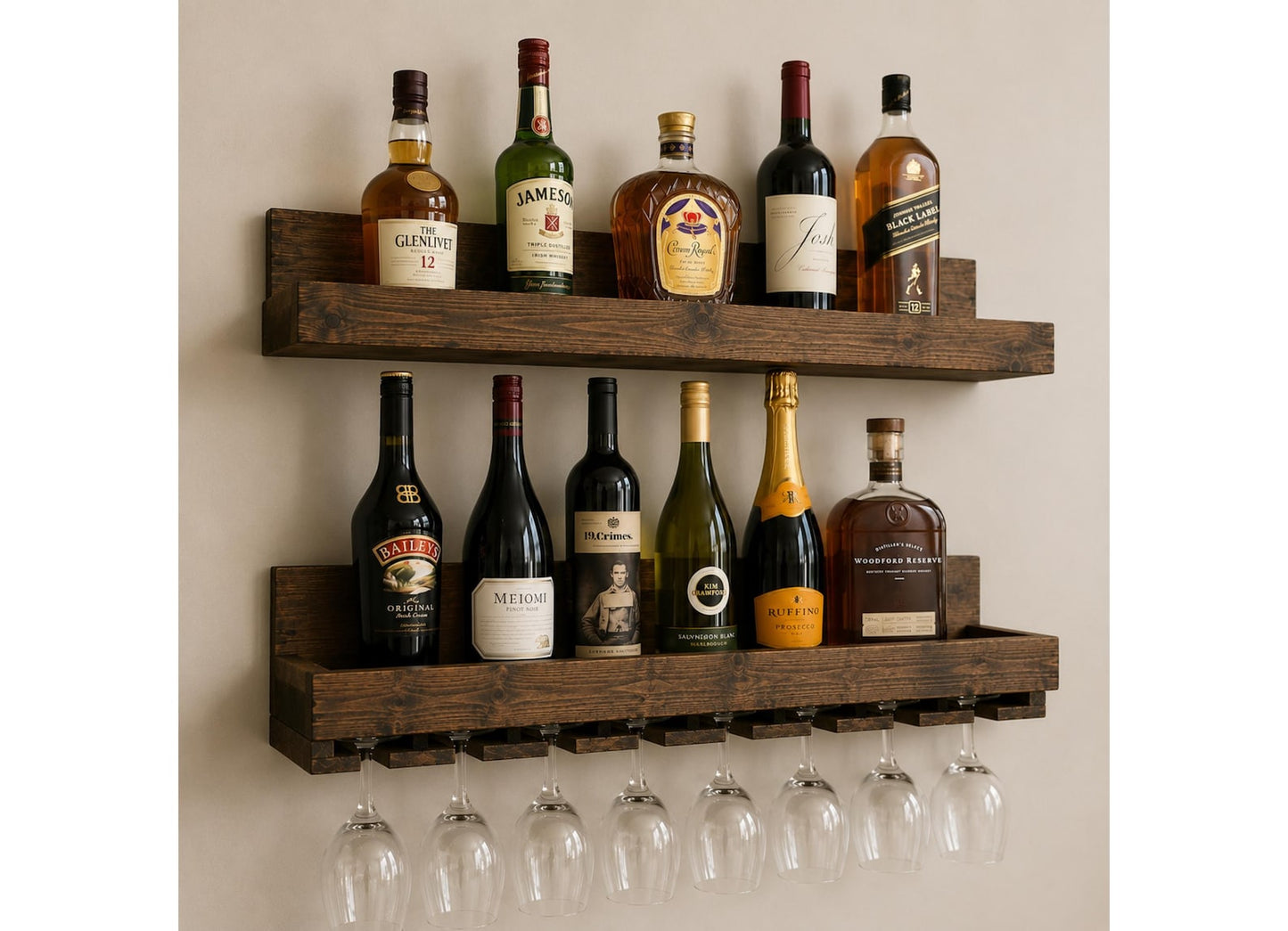 Handcrafted Wood Wine Rack | Rustic Wall Mounted Bar Shelf, Stemware Holder
