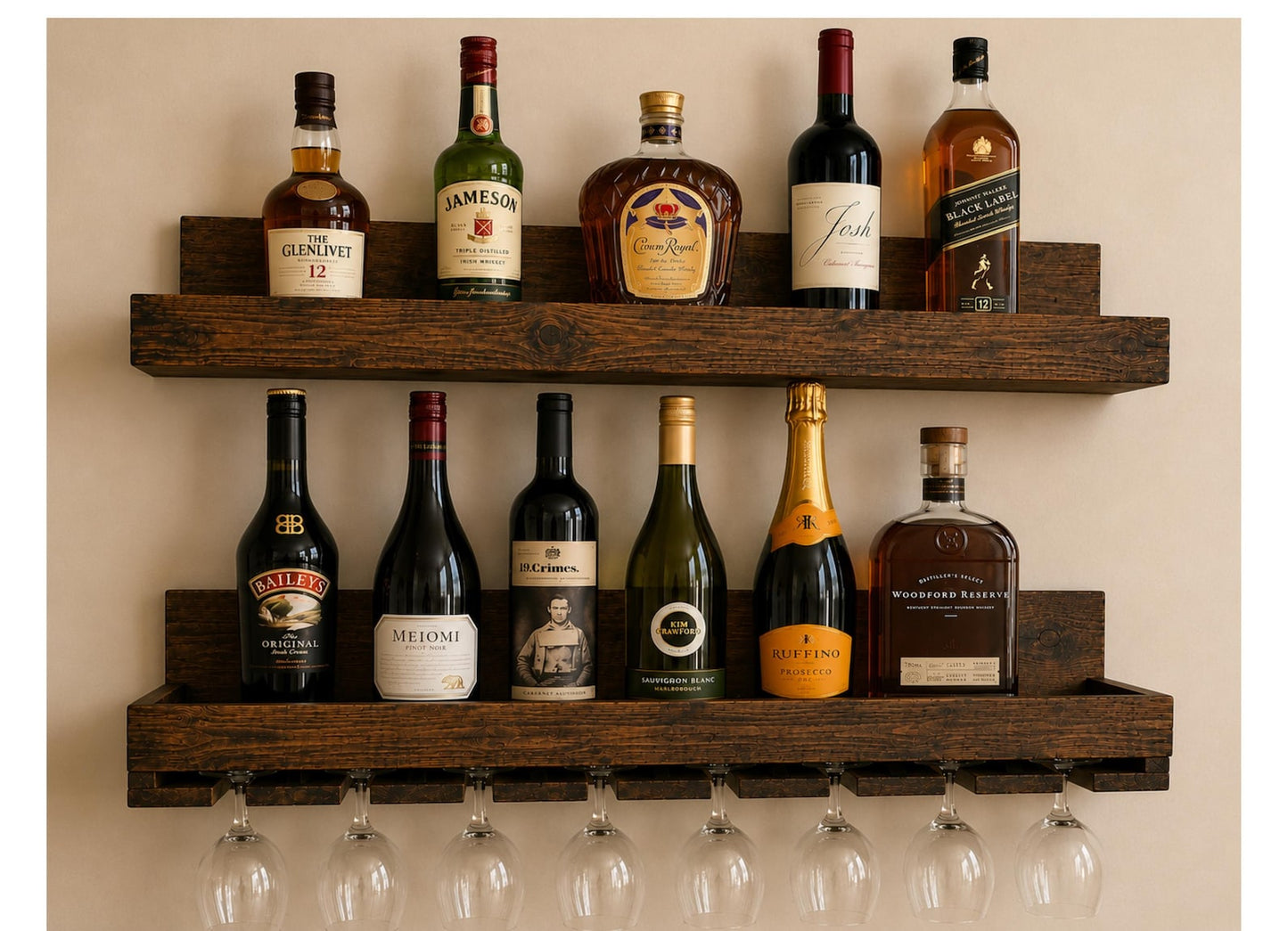 Handcrafted Wood Wine Rack | Rustic Wall Mounted Bar Shelf, Stemware Holder
