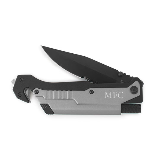 Personalized Black & Silver Pocket Knife With Light - Monogram Engraved - Vispro Designs