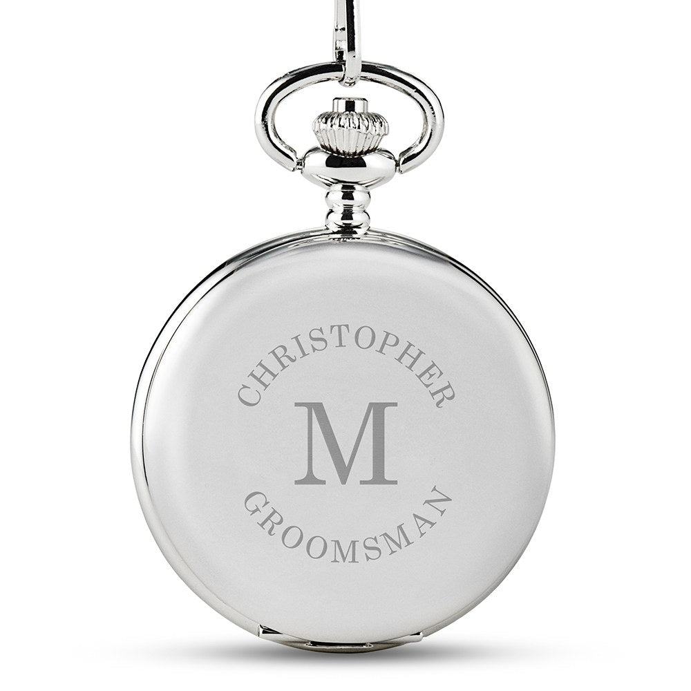 Personalized Silver Mechanical Pocket Watch & Fob - Wrap Text Monogram - Vispro Designs