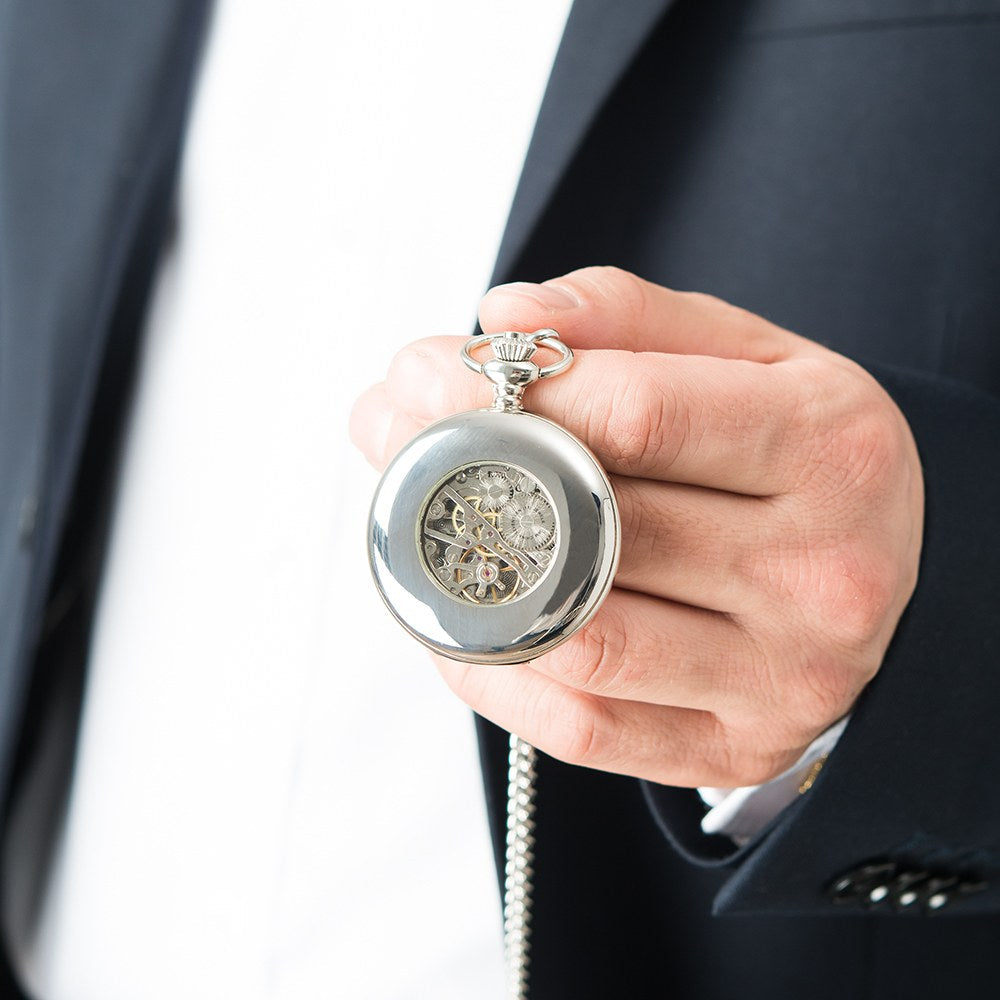 Personalized Silver Mechanical Pocket Watch & Fob - Traditional Monogram - Vispro Designs