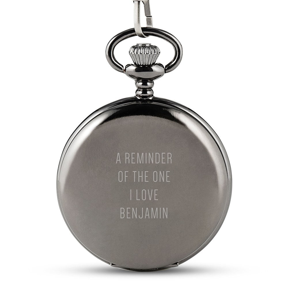 Personalized Gunmetal Mechanical Pocket Watch & Fob - Custom Text - Vispro Designs