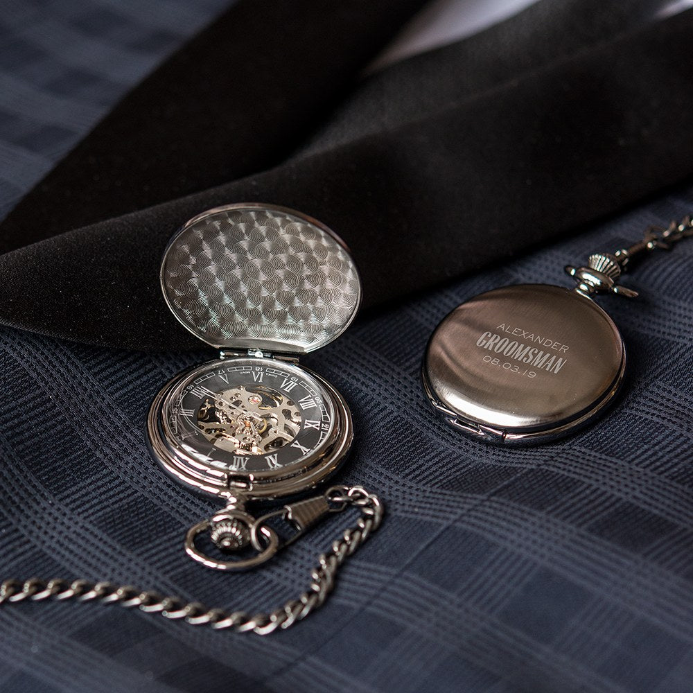 Personalized Gunmetal Mechanical Pocket Watch & Fob - Modern Groomsman - Vispro Designs