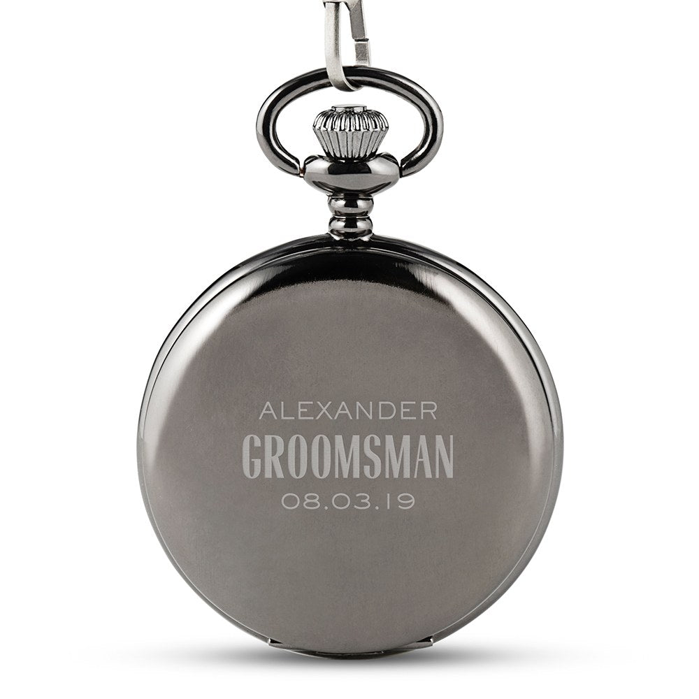 Personalized Gunmetal Mechanical Pocket Watch & Fob - Modern Groomsman - Vispro Designs
