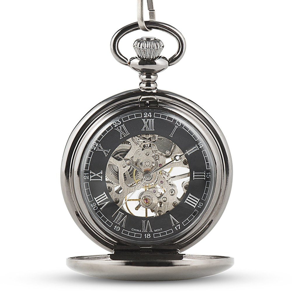 Personalized Gunmetal Mechanical Pocket Watch & Fob - Modern Groomsman - Vispro Designs