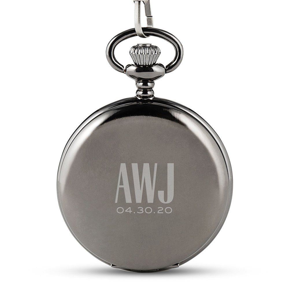 Personalized Gunmetal Mechanical Pocket Watch & Fob - Sans Serif Monogram - Vispro Designs