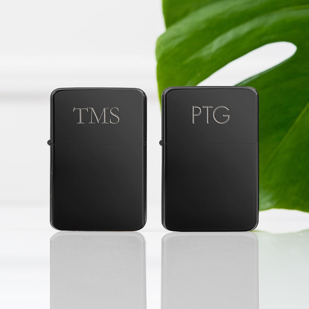 Custom Gunmetal Black Windproof Lighter - Traditional Monogram Engraving - Vispro Designs