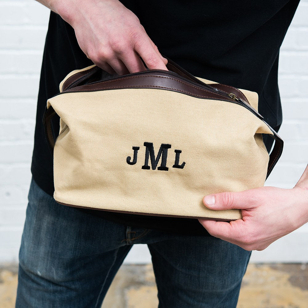 Personalized Men’s Travel Toiletry Bag - Light Brown Canvas - Vispro Designs