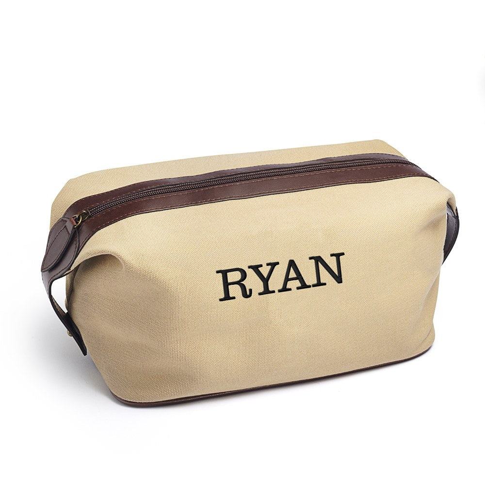 Personalized Men’s Travel Toiletry Bag - Light Brown Canvas - Vispro Designs