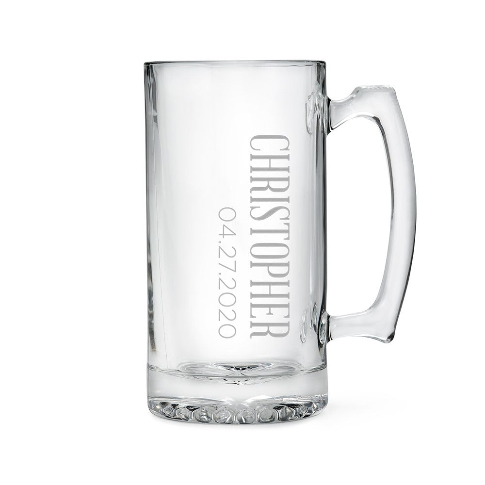 Personalized Large Glass Beer Mug – Vertical Monogram Engraving - Vispro Designs