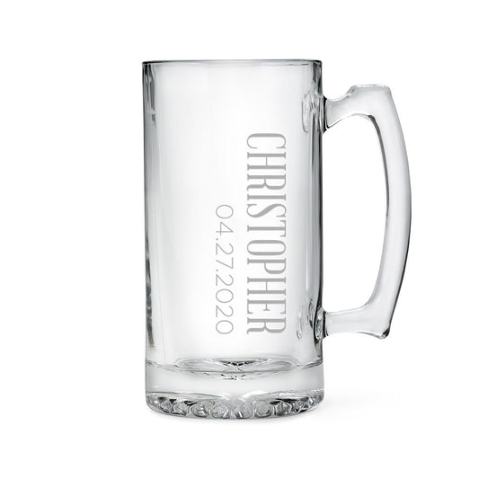 Personalized Large Glass Beer Mug – Vertical Monogram Engraving - Vispro Designs