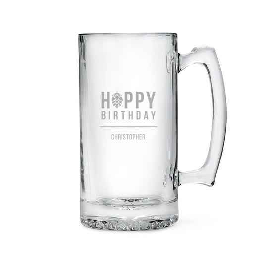 Personalized Large Glass Beer Mug – Hoppy Birthday Engraving - Vispro Designs