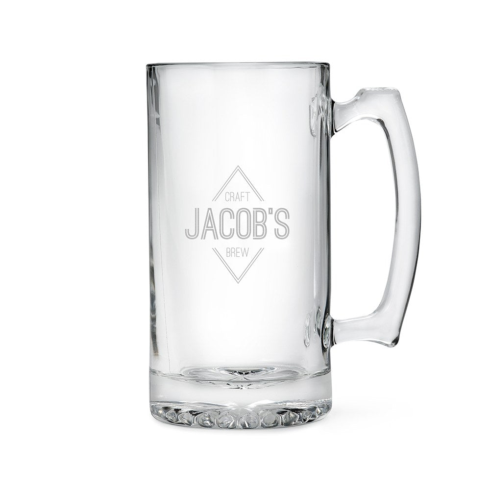 Personalized Large Glass Beer Mug - Custom Monogram Etched Glass Drink Stein For Groomsmen - Vispro Designs
